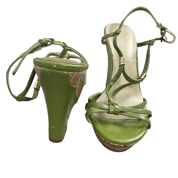 Ana Lime Green and Brown Color Block Summer Ankle Strap High Heel Wedge Sandals - Picture 3 of 15
